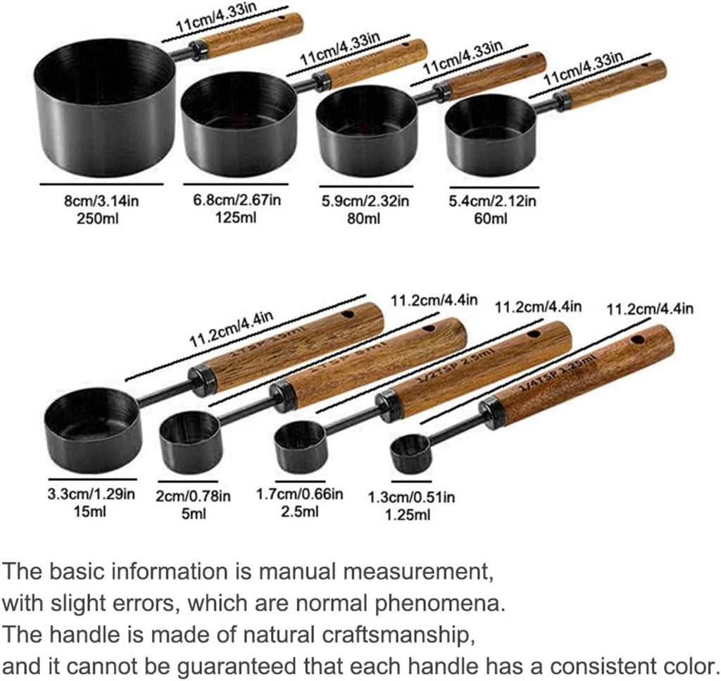 8 pieces Black Measuring Cups Set and Measuring Spoons Set with Scale Wooden Handle Stainless Steel Dry & Liquid Measuring Cup for Cooking Baking – Convenient Carry Handles for Streamlined Everyday Routines