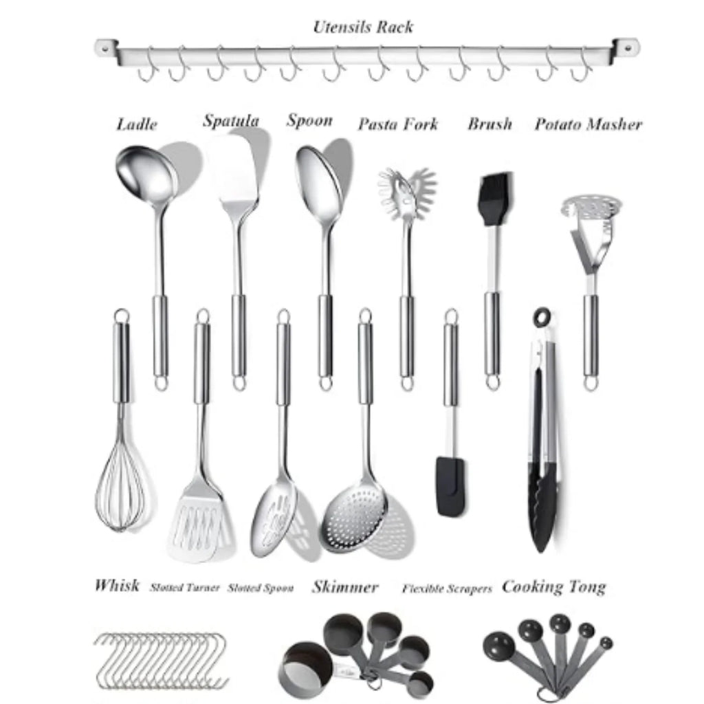 Kitchen Utensils Set 38 Pieces Stainless Steel Cooking Utensils Set Kitchen Gadgets Cookware Kitchen Tool Set with Utensil Holder Rack And Hooks For Hanging Dishwasher Suitable – Space-Saving Hanging Design for Streamlined Everyday Routines