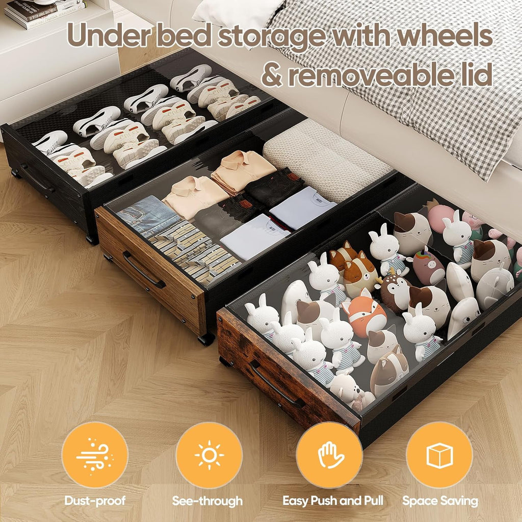 Wooden Under Bed Storage with Wheels Rolling Under the Bed Storage Bins with Removable Lid Metal Under Bed Drawers for Clothes and Shoes in Bedroom or Living Room(Black Wood-2pack) – Easy-Roll Mobility for Streamlined Everyday Routines