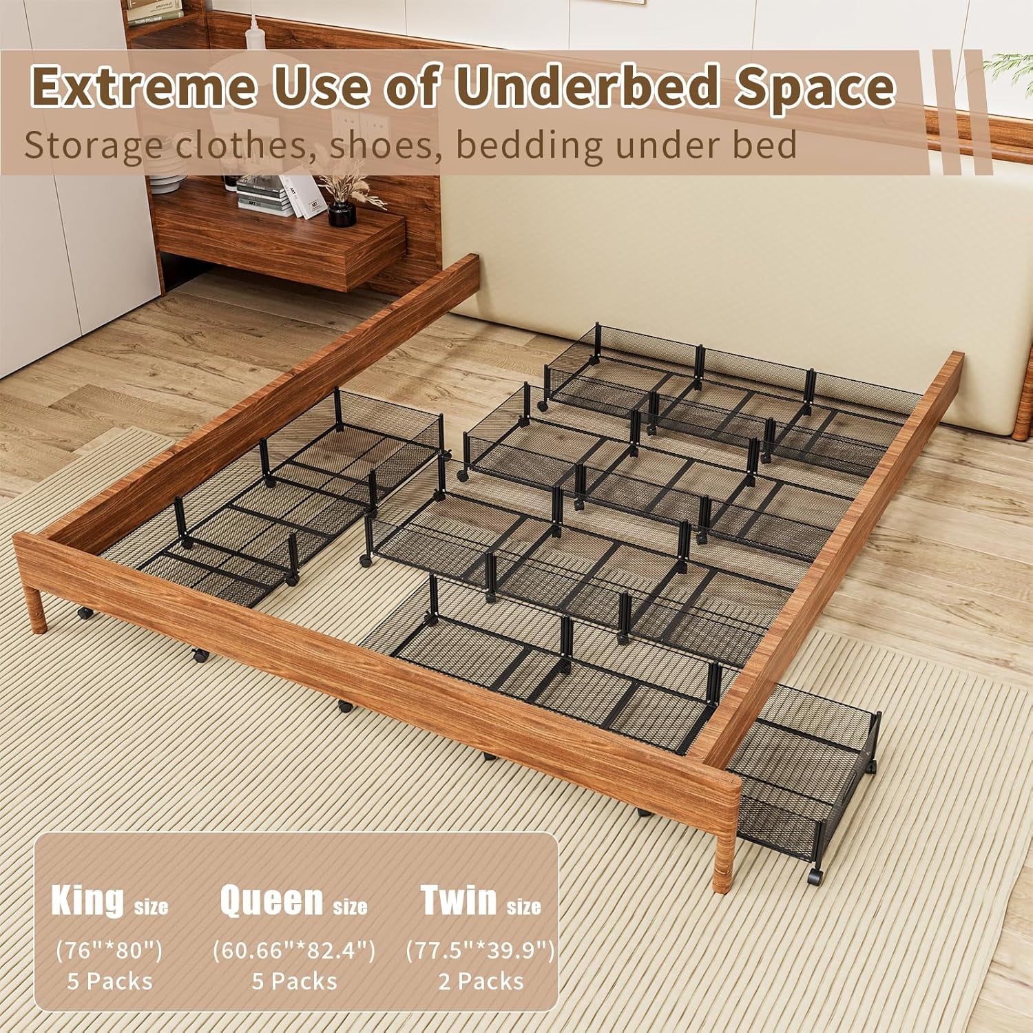 47.2'' Long Under Bed Storage on Wheels 57.6L Large Capacity Rolling Under the Bed Storage Containers Tool-Free Assembly Foldable Underbed Shoes Clothes Toy Drawers – Multiroom Organization Format for Streamlined Everyday Routines