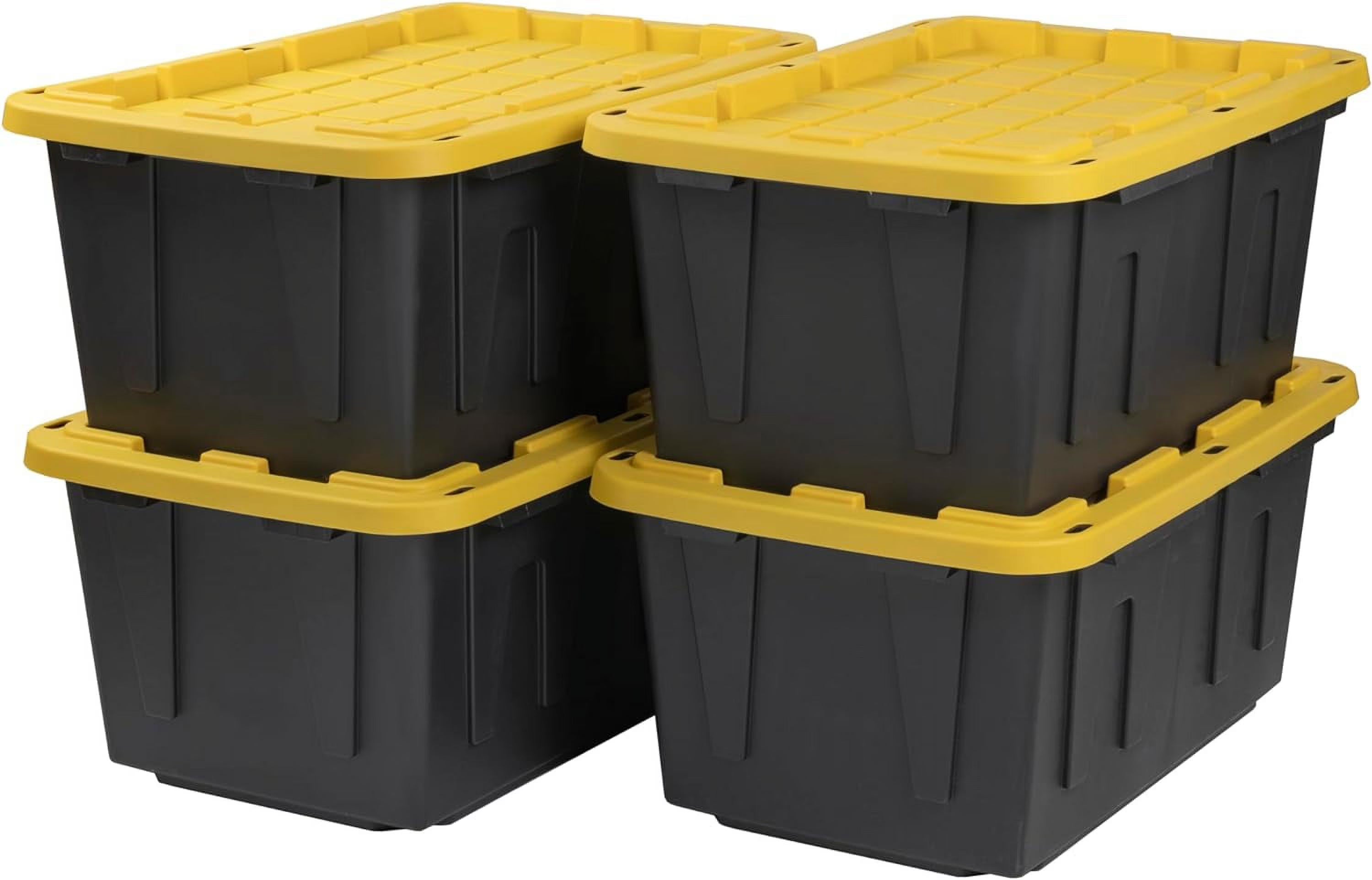 BLACK & YELLOW 27-Gallon Heavy Duty Tough Storage Container & Snap-Tight Lid (14.3"H x 20.6"W x 30.6"D) Weather-Resistant Design and Stackable Organization Tote [4 Pack] – Stackable Organization for Streamlined Everyday Routines