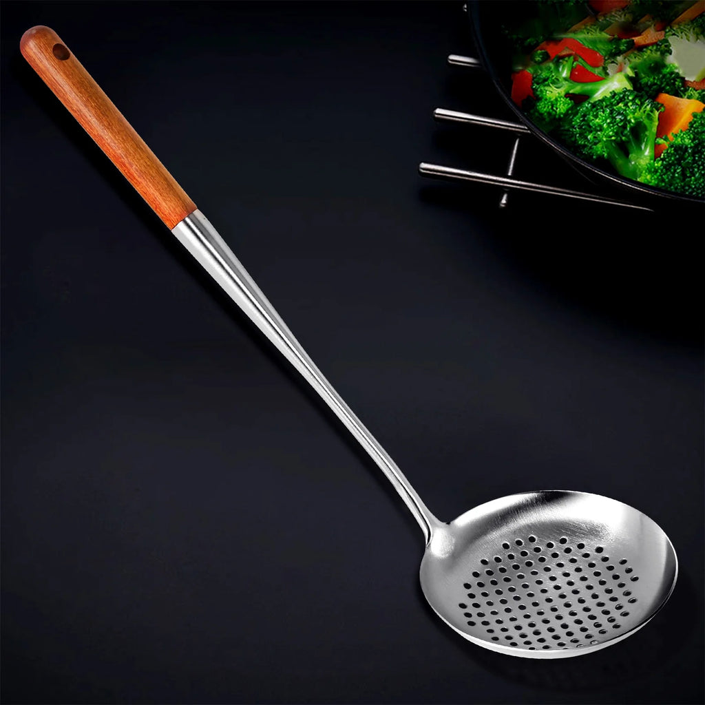 Long Handle Stainless Steel Wok Kitchen Slotted Turner Rice Spoon Ladle Cooking Tools Utensil Set – Convenient Carry Handles for Streamlined Everyday Routines