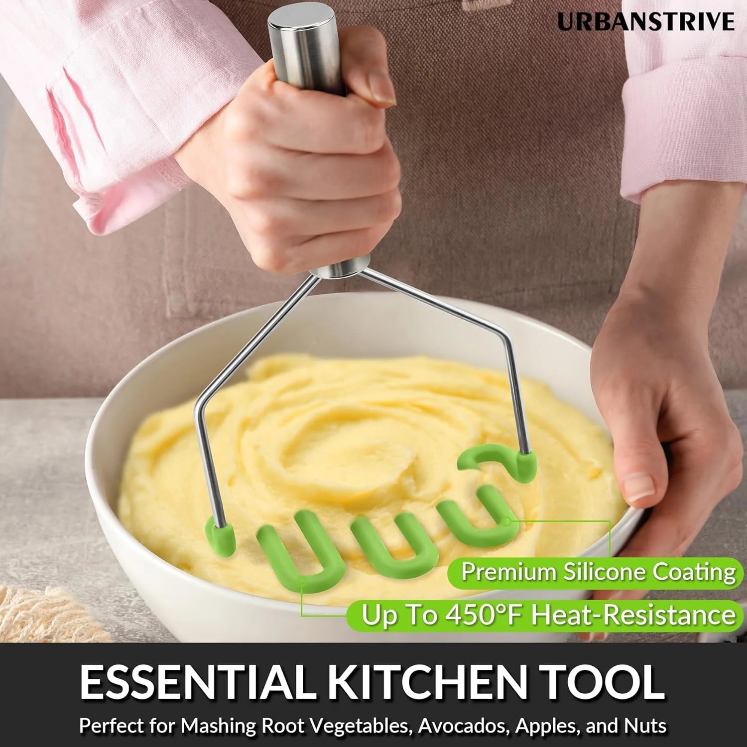 Non-Scratch Silicone Potato Masher Kitchen Tool Potatoes Masher Potato Masher Stainless Steel Wrapped In Well-crafted Silicone Potato Smasher – Durable Stainless Steel Construction for Streamlined Everyday Routines