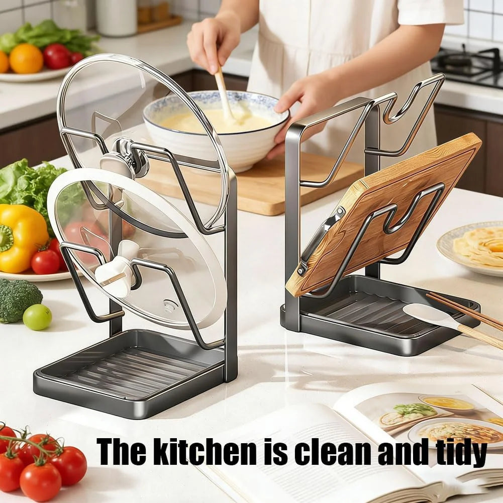 Kitchen Pot Lid Storage Rack Stainless Steel Pot Lid Holder While Cooking & Spoon Rest Multifunctional Pot Lid Organizer with Removable Drip Tray for Countertop Space-Saving Lid Rack – Durable Stainless Steel Construction for Streamlined Everyday Routines