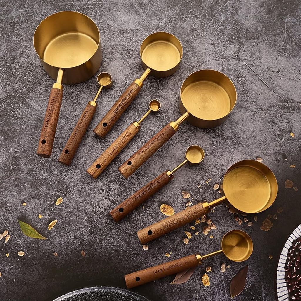8 pieces Golden Measuring Cups Set and Measuring Spoons Set with Scale Wooden Handle Stainless Steel Dry & Liquid Measuring Cup for Cooking Baking – Convenient Carry Handles for Streamlined Everyday Routines