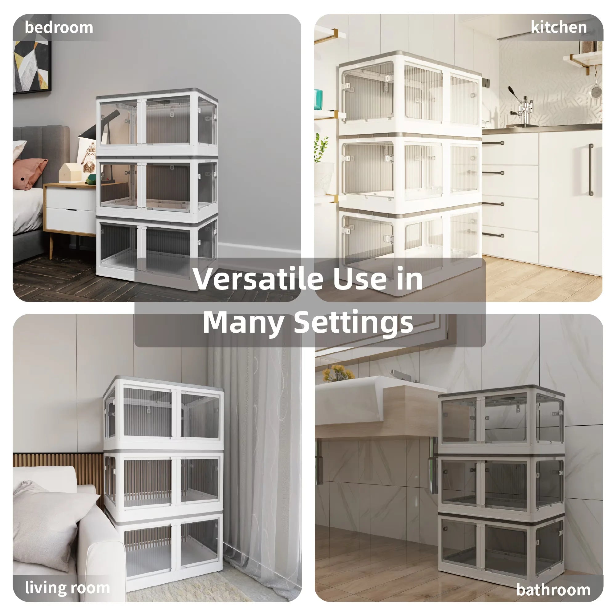384QT 3-Pack Transparent Stackable Storage Bins with 5 Doors to Open with Wheels Folding Plastic Craft Containers Large Closet Organizers Box for Bedrooms Living Rooms Study Kids' Toys White – Stackable Organization for Streamlined Everyday Routines