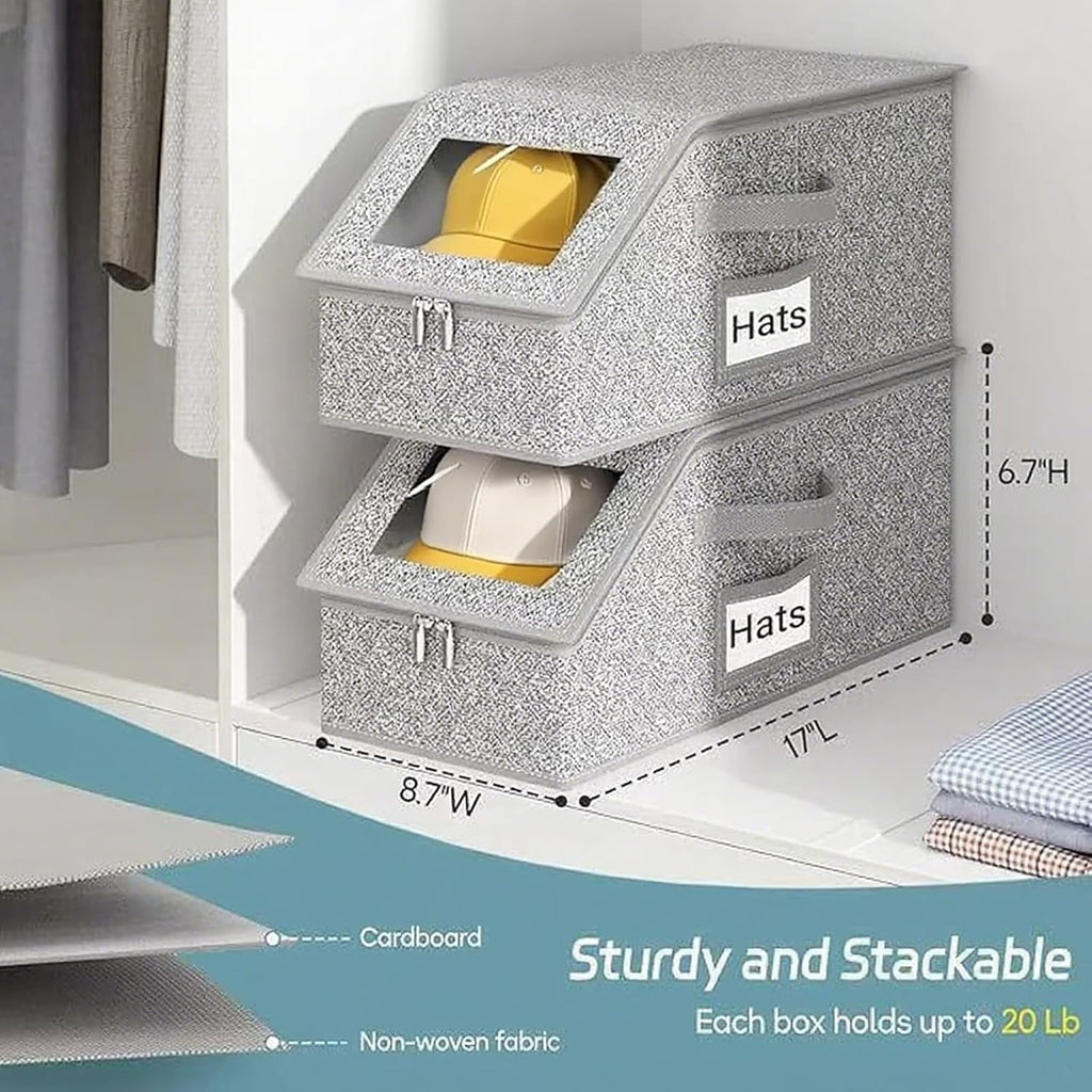 4 PCS Stackable Hat Storage for Baseball Caps Hat Storage Boxes for Closet Holds up to 12 Caps with Cardboard Hat Organizer for Women & Men (Grey) – Stackable Organization for Streamlined Everyday Routines