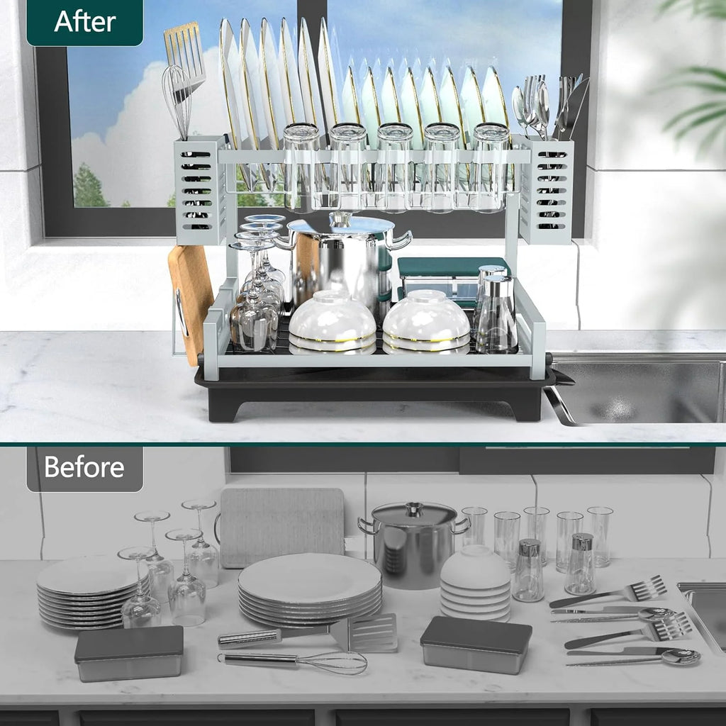 Dish Drying Rack: 2 Tier Dish Racks for Kitchen Counter and Sink - Large Dish Drying Rack with Drainboard & Utensil Holders - Stainless Steel Dish Drainers Kitchen Organization and – Durable Stainless Steel Construction for Streamlined Everyday Routines