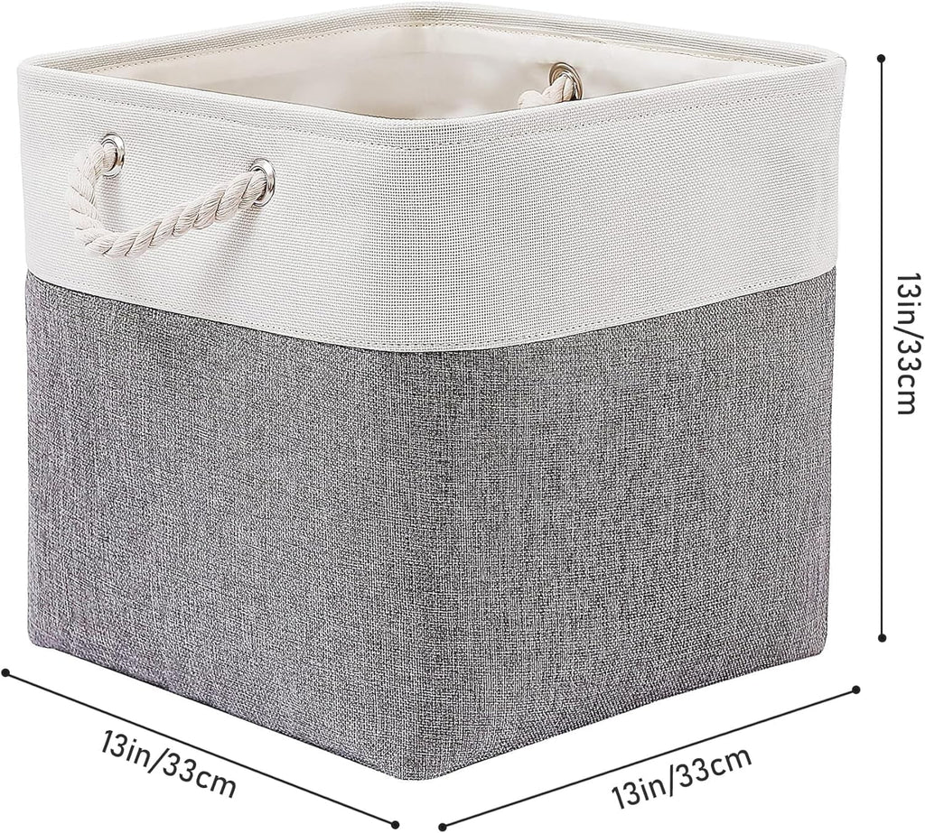 13 x 13 Inch Cube Storage Bins 6 Pack Extra Large Collapsible Fabric Storage Bin with Ropes Foldable Storage Cubes for Home (White & Beige-13"x13"x13") – Foldable Space-Saving Design for Streamlined Everyday Routines