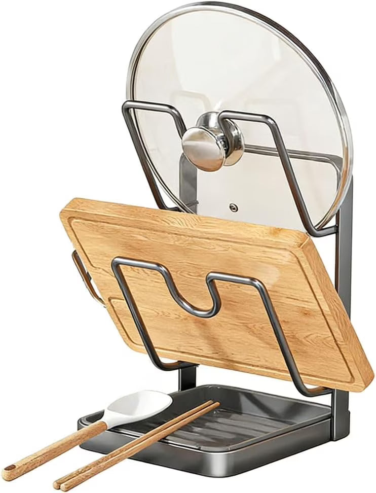 Kitchen Pot Lid Storage Rack Stainless Steel Pot Lid Holder While Cooking & Spoon Rest Multifunctional Pot Lid Organizer with Removable Drip Tray for Countertop Space-Saving Lid Rack – Durable Stainless Steel Construction for Streamlined Everyday Routines