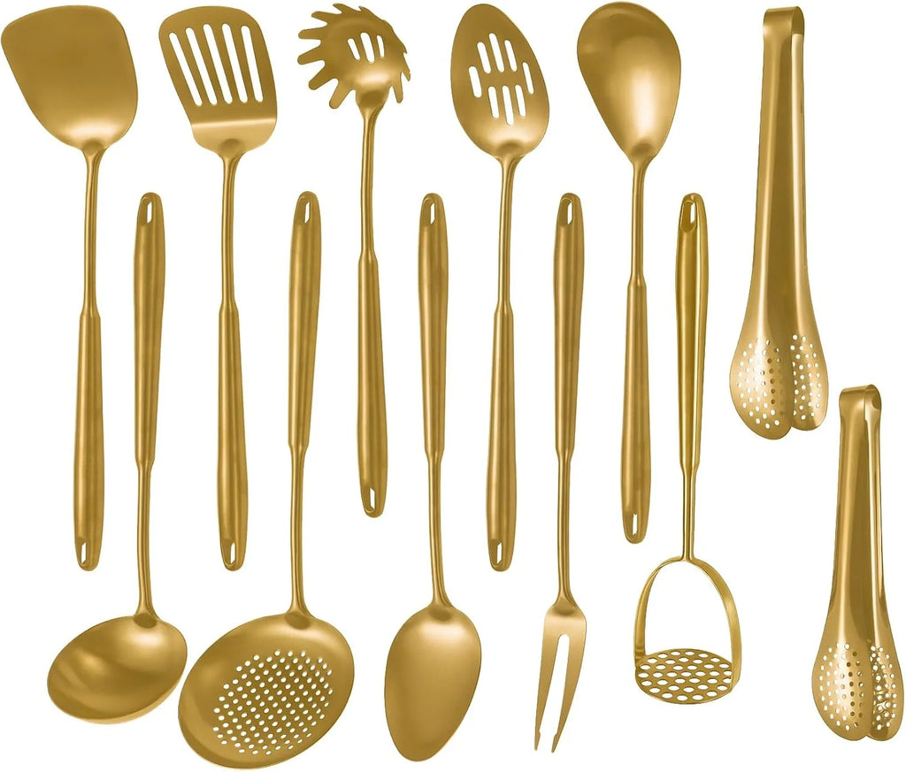 304 Stainless Steel Cooking Utensils,6 Pcs Kitchen Cooking Utensils Set with Spatula Solid Spoon Ladle Skimmer Spaghetti Spoon,Dishwasher Suitable(Gold) – Durable Stainless Steel Construction for Streamlined Everyday Routines