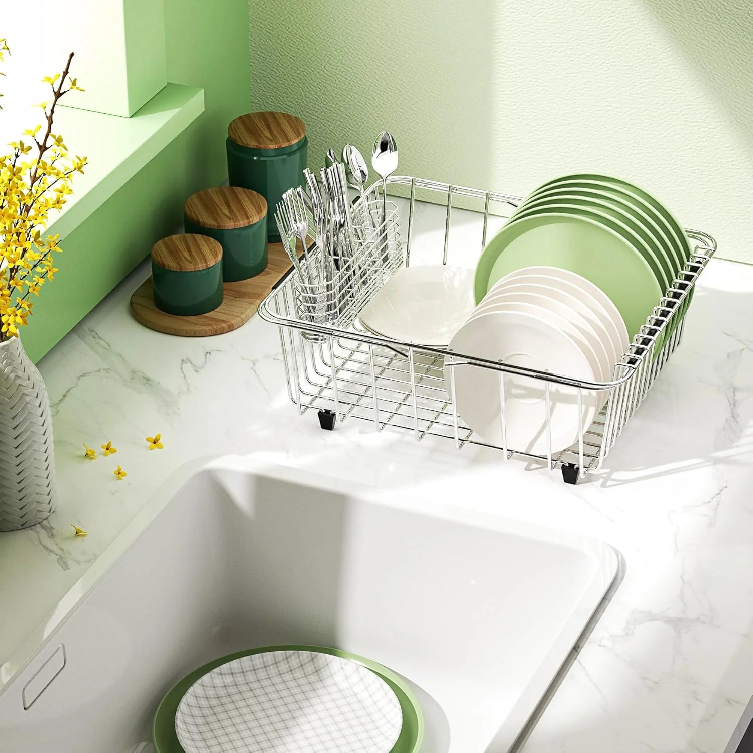 Dish Drying Rack in-Sink 304 Stainless Steel Dish Drainer with Stainless Steel Silverware Holder Over Inside Sink-Adjustable – Durable Stainless Steel Construction for Streamlined Everyday Routines