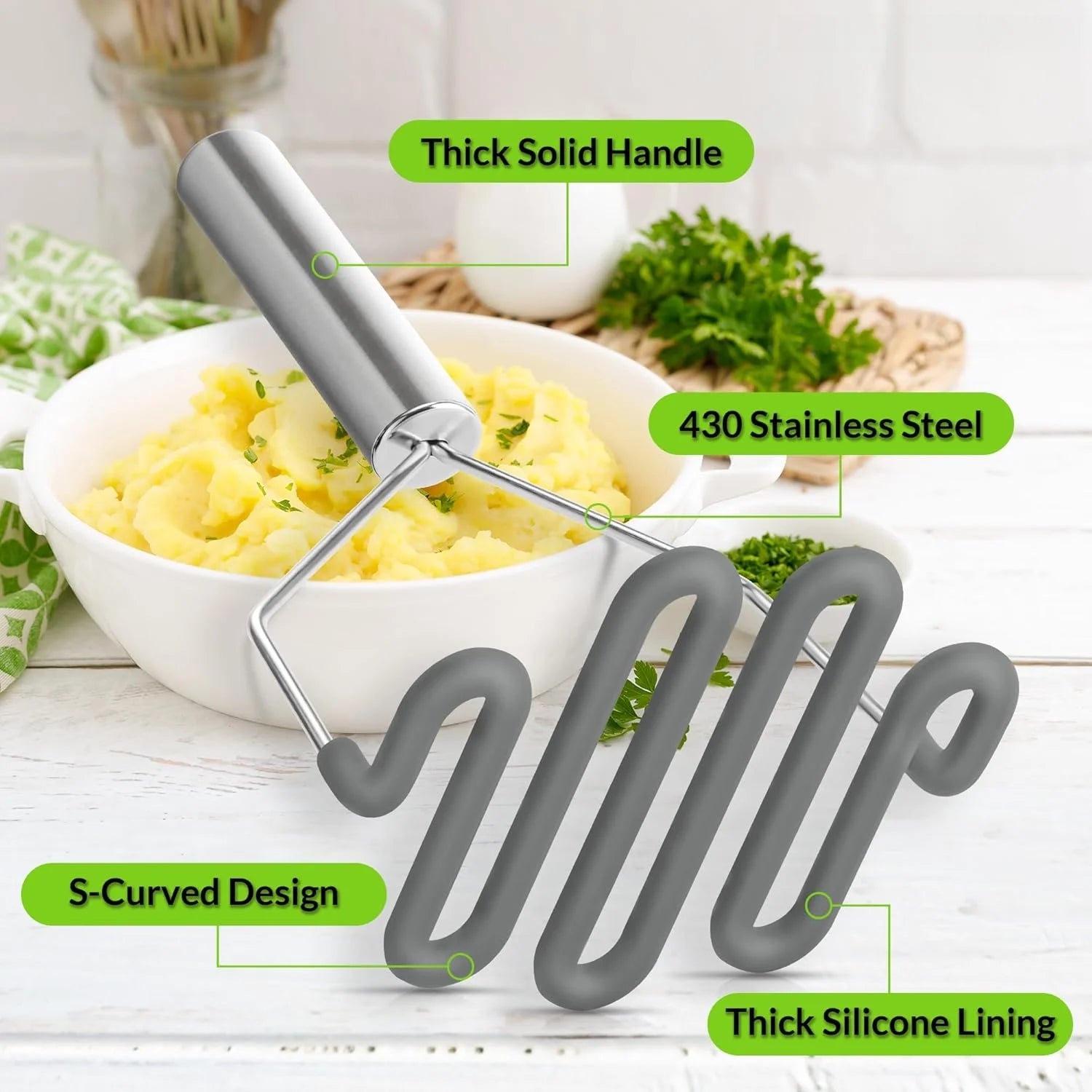 Scratch-resistant silicone potato masher kitchen tool potato masher stainless steel wrapped durable silicone potato smasher gray – Durable Stainless Steel Construction for Streamlined Everyday Routines