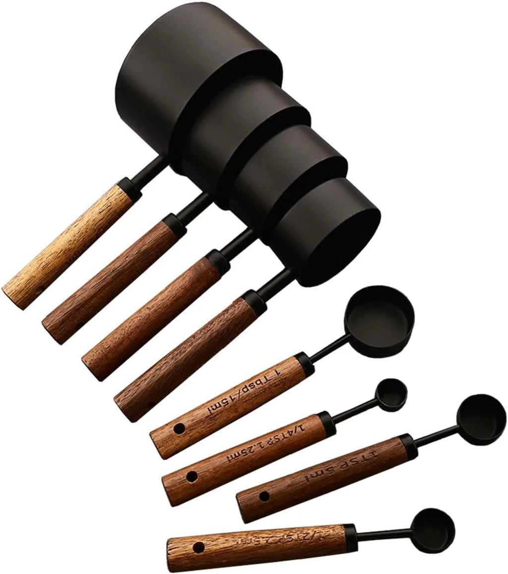 8 pieces Golden Measuring Cups Set and Measuring Spoons Set with Scale Wooden Handle Stainless Steel Dry & Liquid Measuring Cup for Cooking Baking – Convenient Carry Handles for Streamlined Everyday Routines