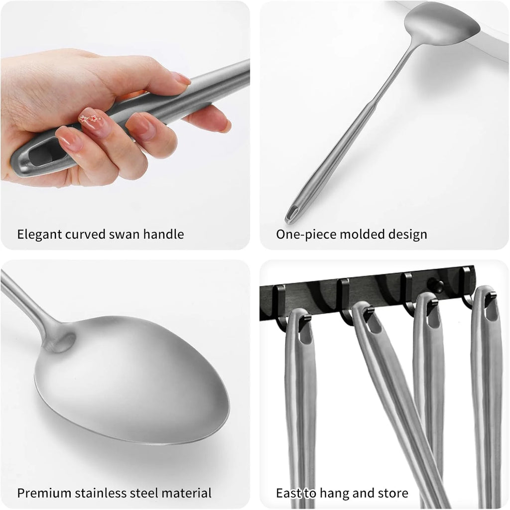 304 Stainlss Steel Kitchen Utensils Set 12 Pcs Long Metal Cooking Utensil Gadgets Tools Set with Spatula Ladle Spoon Ladle Skimmer Tunner Pasta Server Tongs(Silver Dishwasher Suitable) – Convenient Multi-Piece Set for Streamlined Everyday Routines