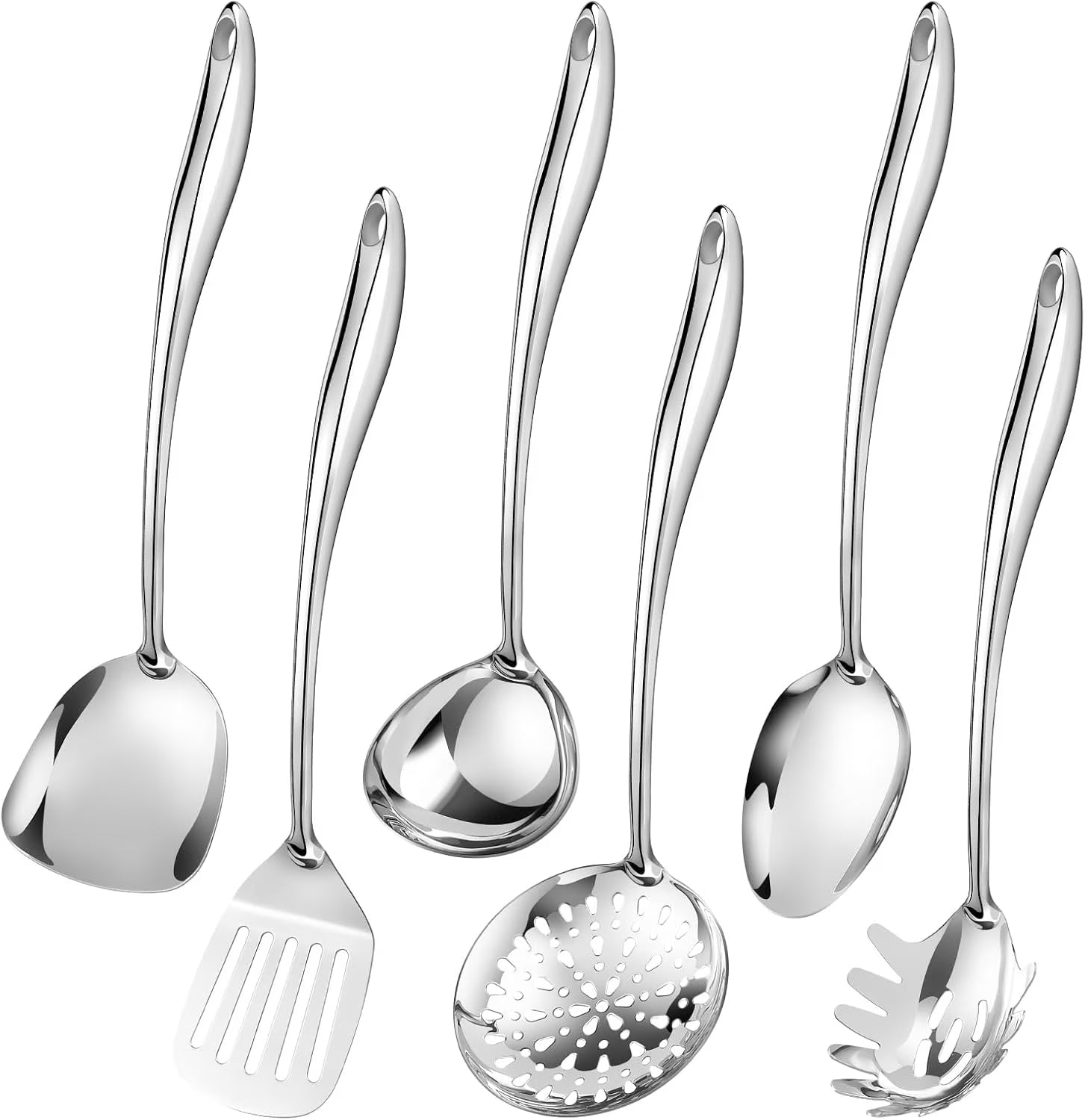 304 Stainless Steel Cooking Utensils Set,6 Pcs Long Metal Kitchen Utensils Set with Spatula Solid Spoon Ladle Skimmer Spaghetti Spoon,Dishwasher Suitable – Durable Stainless Steel Construction for Streamlined Everyday Routines