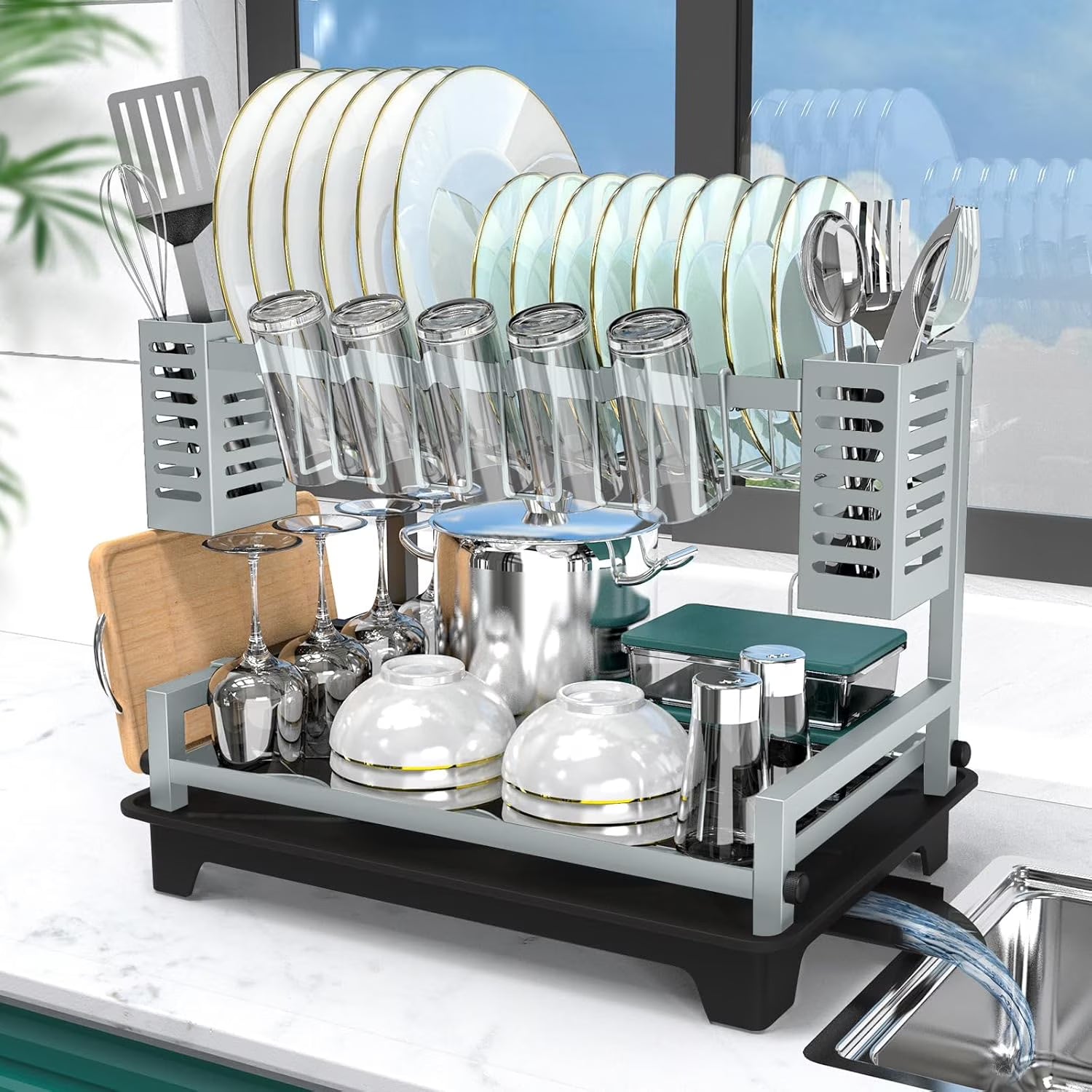 Dish Drying Rack: 2 Tier Dish Racks for Kitchen Counter and Sink - Large Dish Drying Rack with Drainboard & Utensil Holders - Stainless Steel Dish Drainers Kitchen Organization and – Durable Stainless Steel Construction for Streamlined Everyday Routines