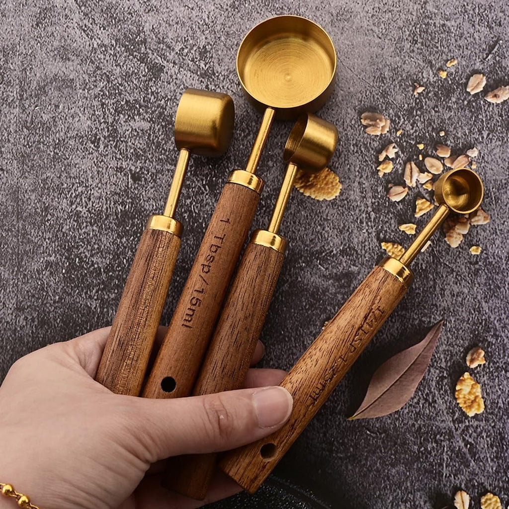8 pieces Golden Measuring Cups Set and Measuring Spoons Set with Scale Wooden Handle Stainless Steel Dry & Liquid Measuring Cup for Cooking Baking – Convenient Carry Handles for Streamlined Everyday Routines