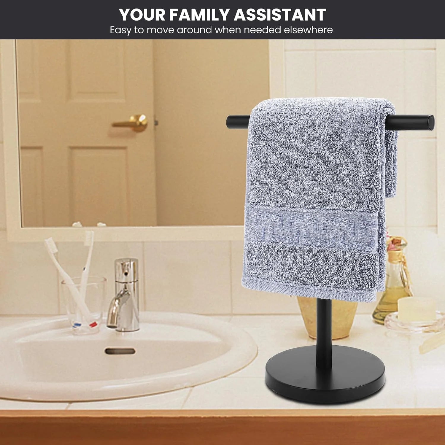 T-Shape Bath Hand Towel Holder Stand Stainless Steel Free Standing Hand Towel Rack with Heavy Base for Bathroom Kitchen & Countertop Matte Black – Durable Stainless Steel Construction for Streamlined Everyday Routines