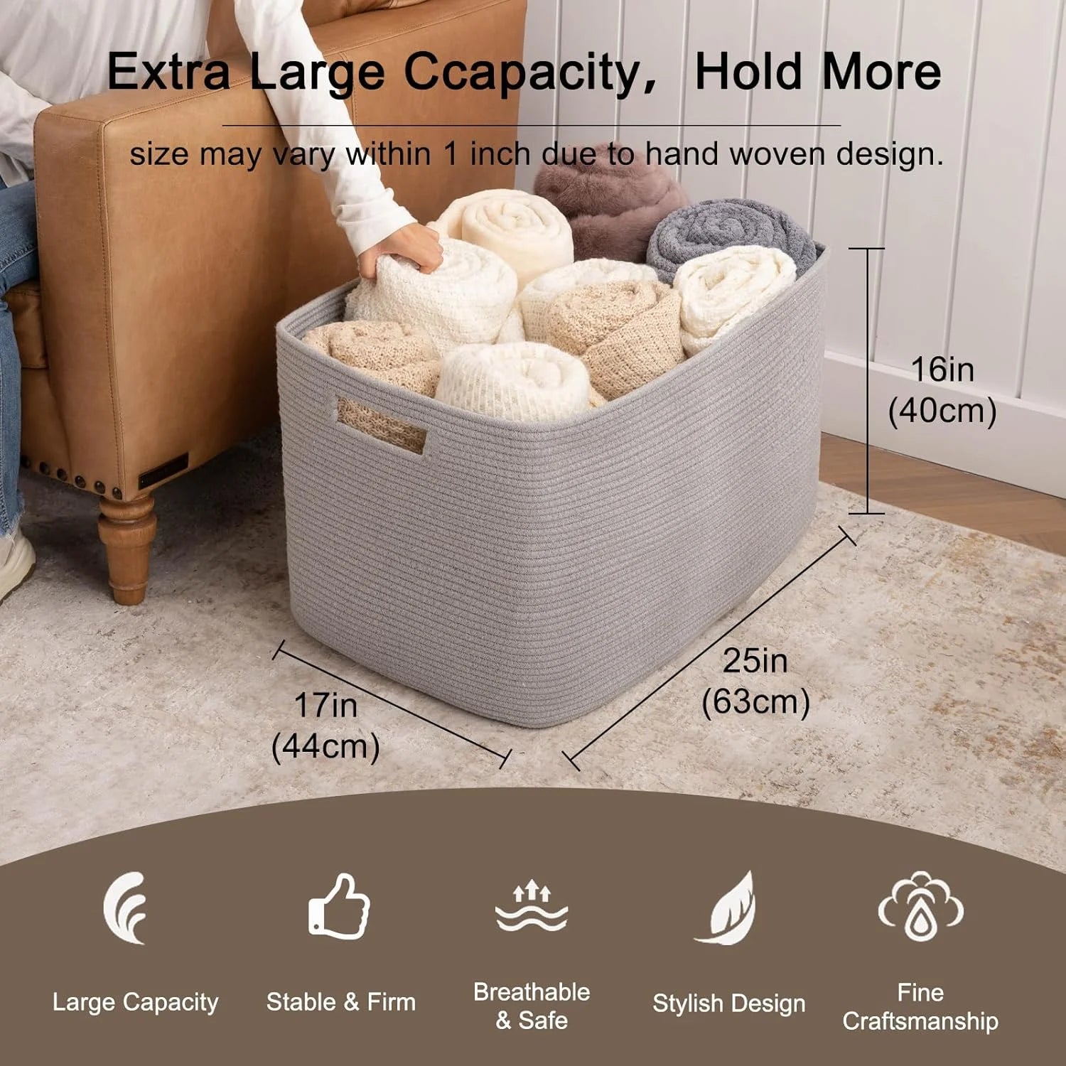 118L XXXLarge Cotton Rope Storage Basket Oversized Blanket Basket Used for Organizing Dirty Clothes in Living Room Bedroom Nursery Dog Toy Storage Bins 25" x 17" x 16",Grey – Practical Home Organization for Streamlined Everyday Routines