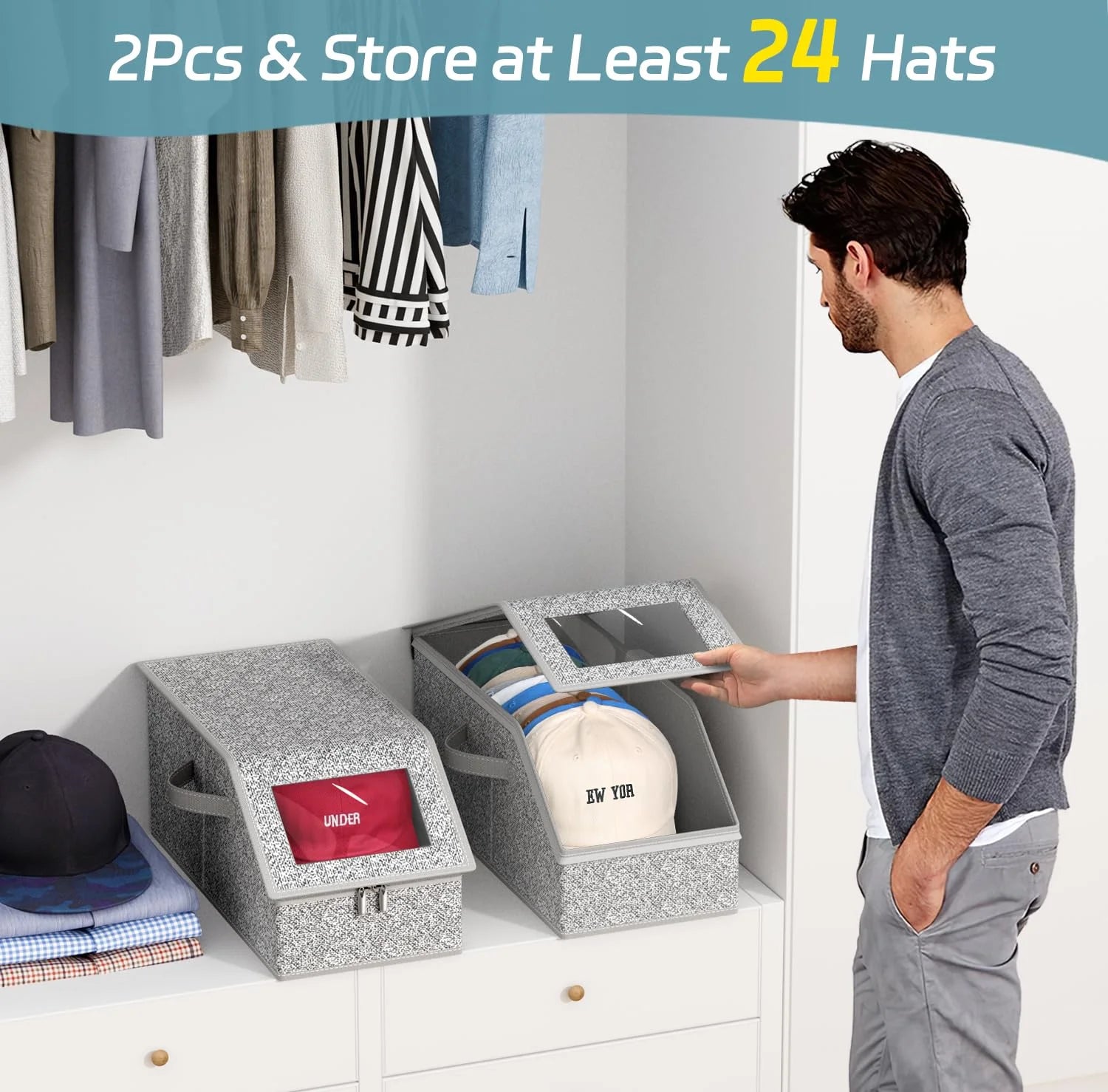 2 Pcs Stackable Hat Storage for Baseball Caps Holds up to 24 Caps Hat Organizer for Closet Sturdy Snapback Boxes for Men with Cardboard Grey – Stackable Organization for Streamlined Everyday Routines