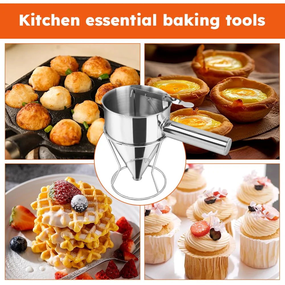 Stainless Steel Pancake Batter Dispenser with Squeeze Handle Kitchen Funnel Tools Pancake Dispenser for Pancakes Cupcakes Takoyaki and Baked Goods – Convenient Carry Handles for Streamlined Everyday Routines