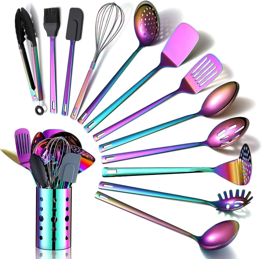 Rainbow Kitchen Utensil Set 13-Piece Stainless Steel Cookware Set Titanium Rainbow Plating Kitchen Tool Set with Cutlery Holder Suitable for Non-stick Cookware Dishwasher Suitable – Durable Stainless Steel Construction for Streamlined Everyday Routines