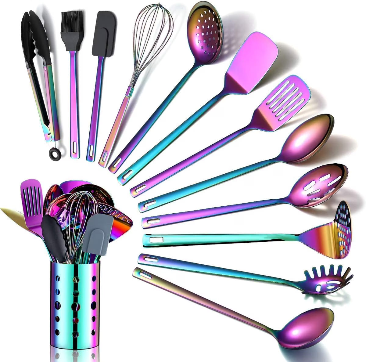 Rainbow Kitchen Utensil Set 13-Piece Stainless Steel Cookware Set Titanium Rainbow Plating Kitchen Tool Set with Cutlery Holder Suitable for Non-stick Cookware Dishwasher Suitable – Durable Stainless Steel Construction for Streamlined Everyday Routines
