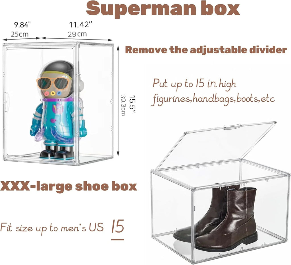 XXX-Large Clear Acrylic Display Case Boot Shoe Storage Boxes With An Adjustable Divider,2 Pack 2 Tiers Clear Plastic Stackable Storage Bins With Lids Big Display Acrylic Box With Magnetic – Multiroom Organization Format for Streamlined Everyday Routines