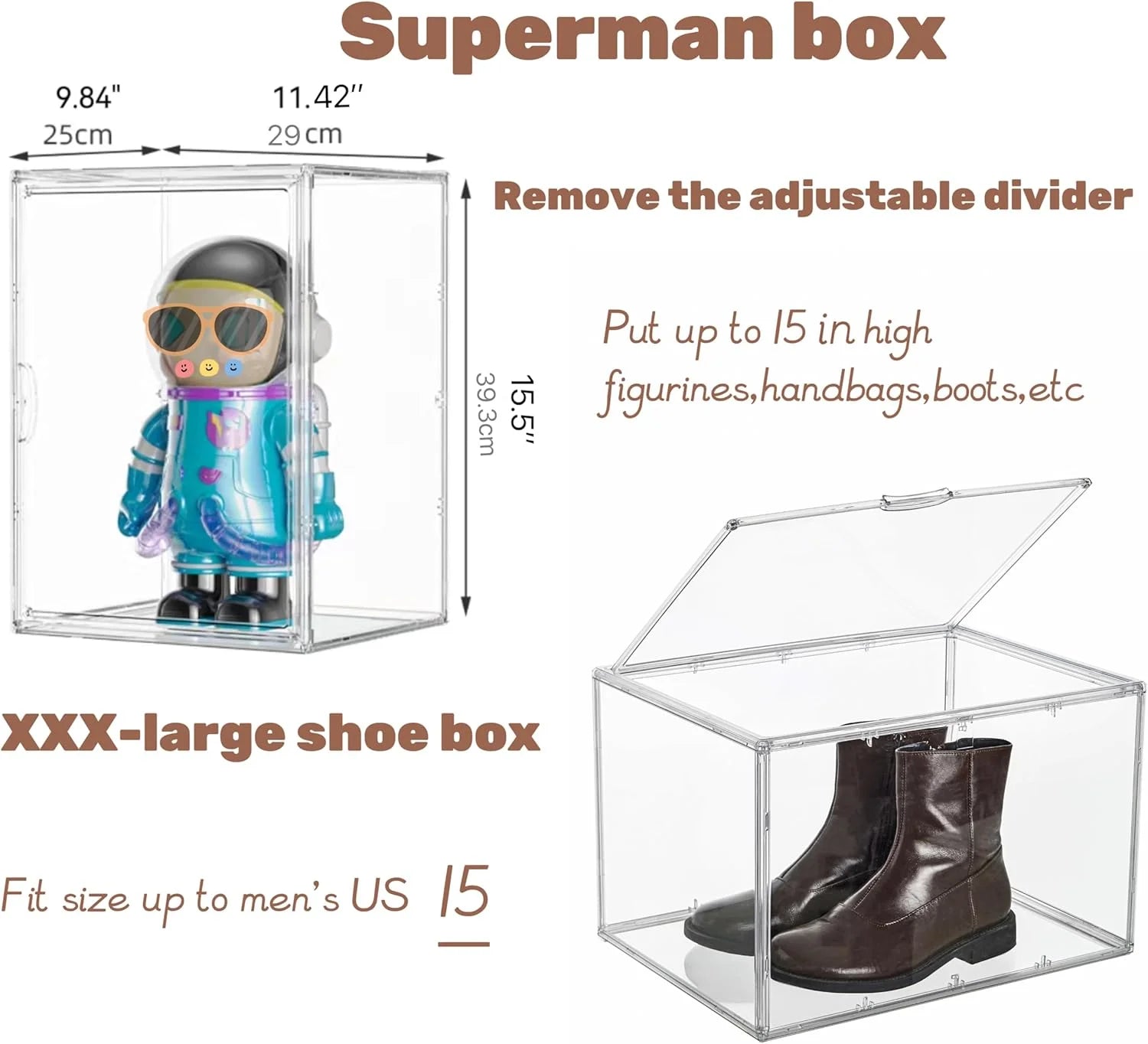XXX-Large Clear Acrylic Display Case Boot Shoe Storage Boxes With An Adjustable Divider,2 Pack 2 Tiers Clear Plastic Stackable Storage Bins With Lids Big Display Acrylic Box With Magnetic – Multiroom Organization Format for Streamlined Everyday Routines