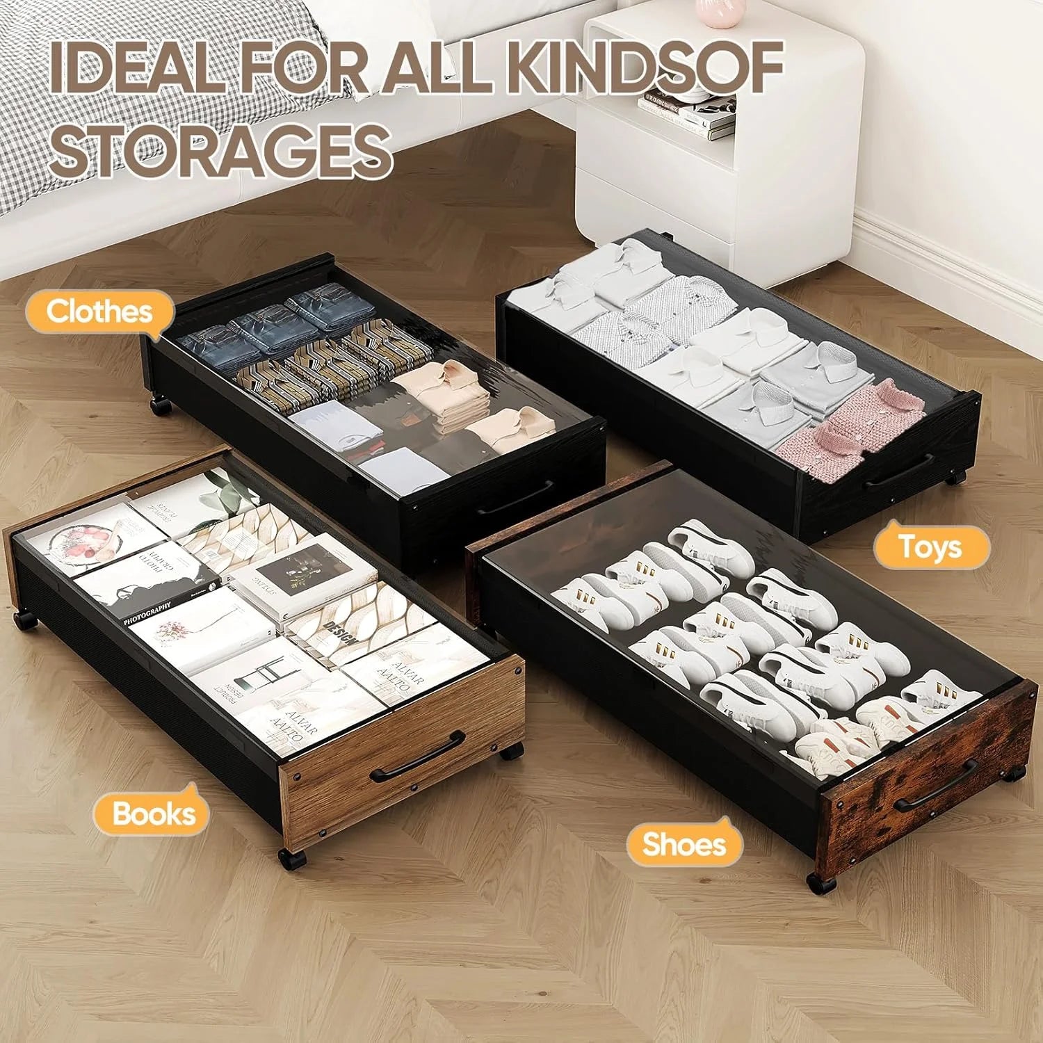 Wooden Under Bed Storage with Wheels Rolling Under the Bed Storage Bins with Removable Lid Metal Under Bed Drawers for Clothes and Shoes in Bedroom or Living Room(Black Wood-2pack) – Easy-Roll Mobility for Streamlined Everyday Routines