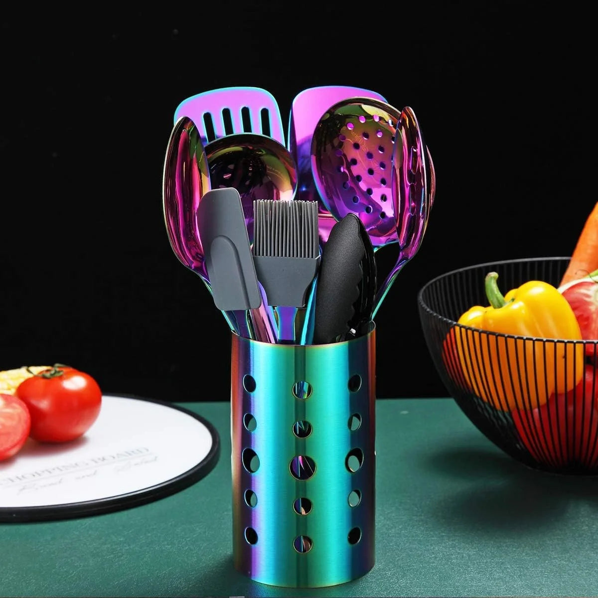 Rainbow Kitchen Utensil Set 13-Piece Stainless Steel Cookware Set Titanium Rainbow Plating Kitchen Tool Set with Cutlery Holder Suitable for Non-stick Cookware Dishwasher Suitable – Durable Stainless Steel Construction for Streamlined Everyday Routines