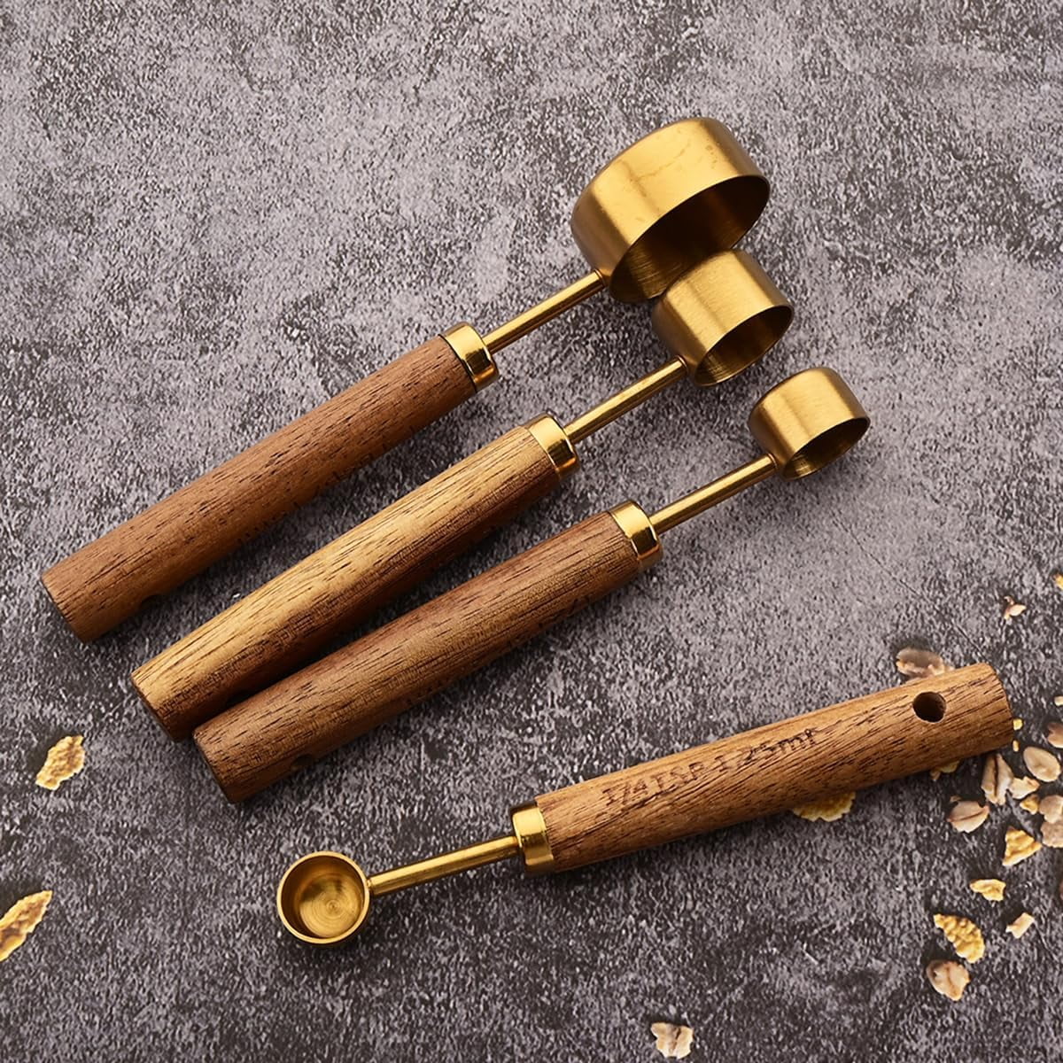 8 pieces Golden Measuring Cups Set and Measuring Spoons Set with Scale Wooden Handle Stainless Steel Dry & Liquid Measuring Cup for Cooking Baking – Convenient Carry Handles for Streamlined Everyday Routines