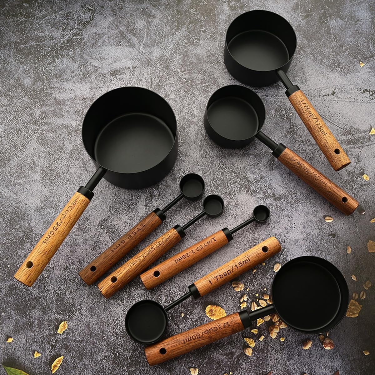8 pieces Black Measuring Cups Set and Measuring Spoons Set with Scale Wooden Handle Stainless Steel Dry & Liquid Measuring Cup for Cooking Baking – Convenient Carry Handles for Streamlined Everyday Routines