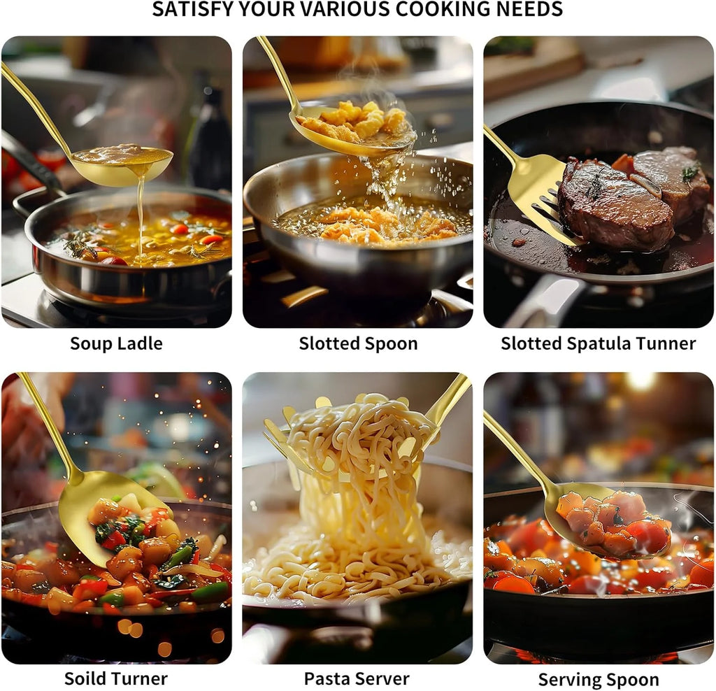 304 Stainless Steel Cooking Utensils,6 Pcs Kitchen Cooking Utensils Set with Spatula Solid Spoon Ladle Skimmer Spaghetti Spoon,Dishwasher Suitable(Gold) – Durable Stainless Steel Construction for Streamlined Everyday Routines