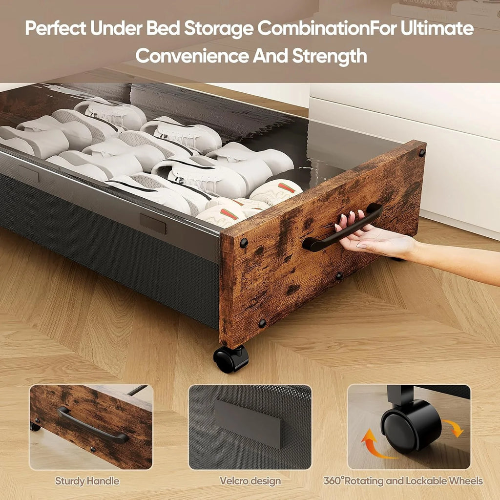 Wooden Under Bed Storage with Wheels Rolling Under the Bed Storage Bins with Removable Lid Metal Under Bed Drawers for Clothes and Shoes in Bedroom or Living Room(Black Wood-2pack) – Easy-Roll Mobility for Streamlined Everyday Routines