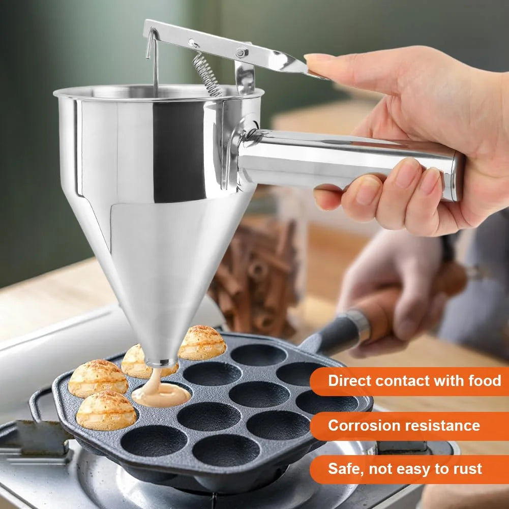 Stainless Steel Pancake Batter Dispenser with Squeeze Handle Kitchen Funnel Tools Pancake Dispenser for Pancakes Cupcakes Takoyaki and Baked Goods – Convenient Carry Handles for Streamlined Everyday Routines