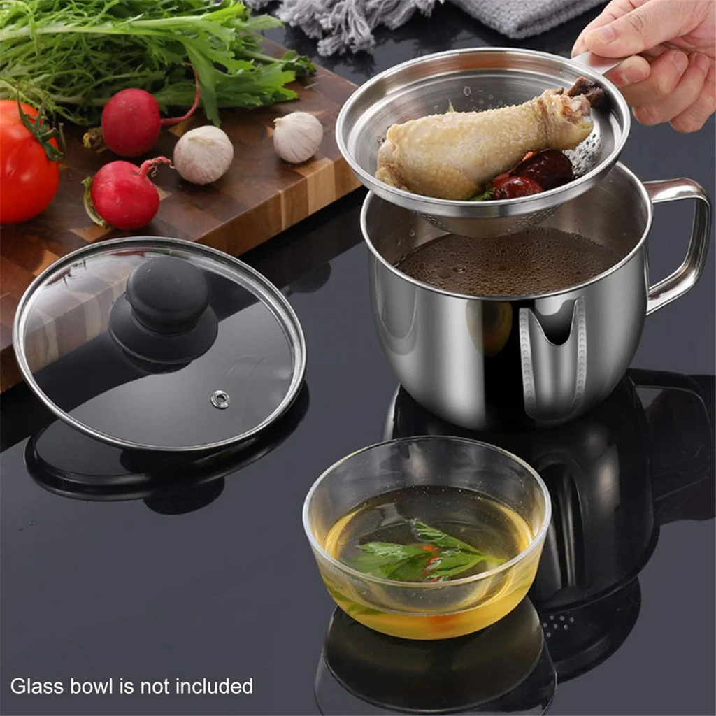 Stainless Steel Fat Separator 1L/4 Cup Gravy Grease with Strainer and Glass Lid Soup Oil Cup – Durable Stainless Steel Construction for Streamlined Everyday Routines