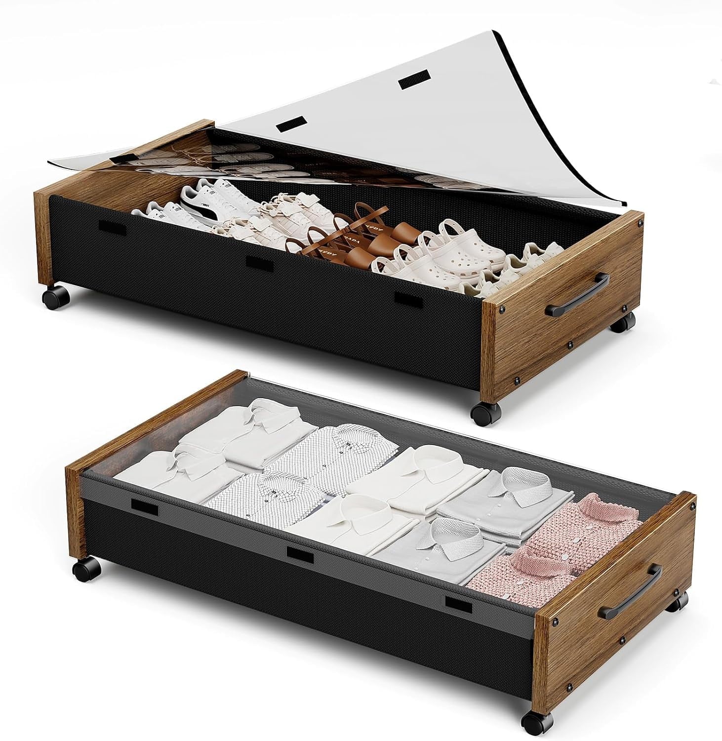 Wooden Under Bed Storage with Wheels Rolling Under the Bed Storage Bins with Removable Lid Metal Under Bed Drawers for Clothes and Shoes in Bedroom or Living Room(Black Wood-2pack) – Easy-Roll Mobility for Streamlined Everyday Routines