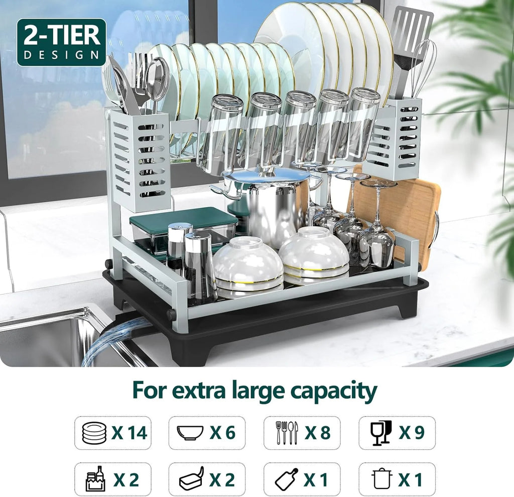 Dish Drying Rack: 2 Tier Dish Racks for Kitchen Counter and Sink - Large Dish Drying Rack with Drainboard & Utensil Holders - Stainless Steel Dish Drainers Kitchen Organization and – Durable Stainless Steel Construction for Streamlined Everyday Routines