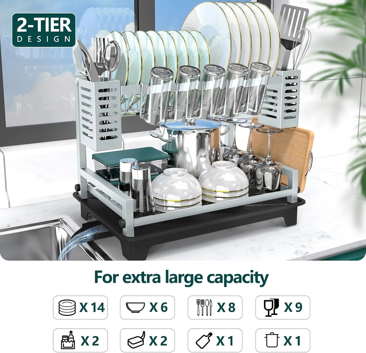 Dish Drying Rack: 2 Tier Dish Racks for Kitchen Counter and Sink - Large Dish Drying Rack with Drainboard & Utensil Holders - Stainless Steel Dish Drainers Kitchen Organization and – Durable Stainless Steel Construction for Streamlined Everyday Routines