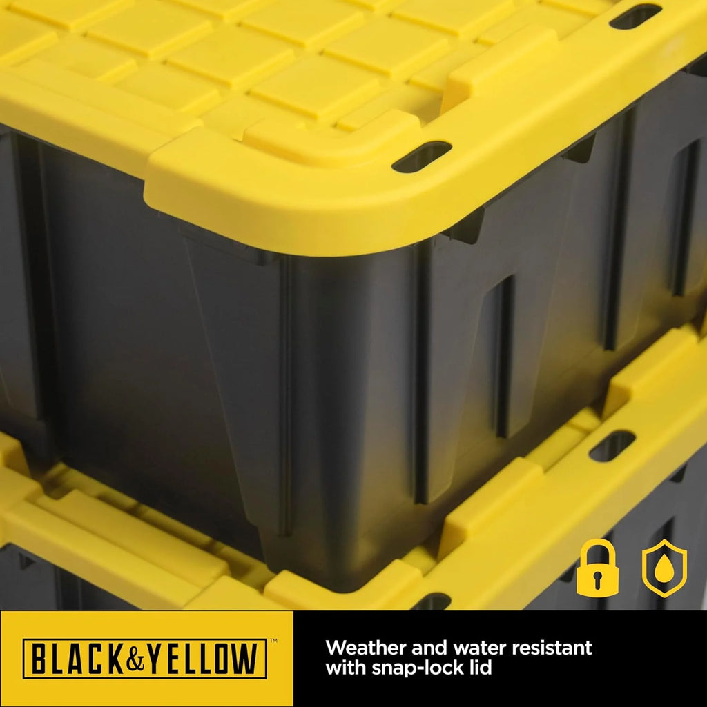 BLACK & YELLOW 27-Gallon Heavy Duty Tough Storage Container & Snap-Tight Lid (14.3"H x 20.6"W x 30.6"D) Weather-Resistant Design and Stackable Organization Tote [4 Pack] – Stackable Organization for Streamlined Everyday Routines