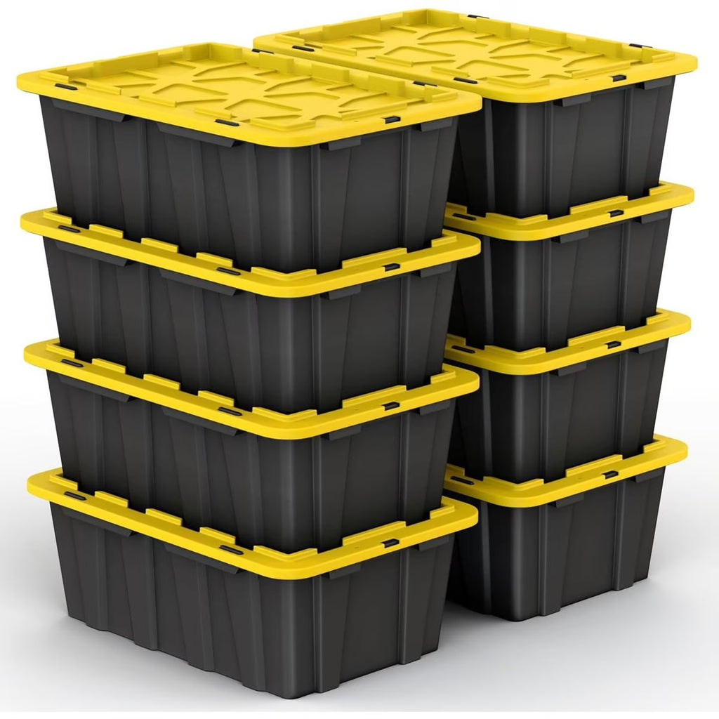 8 PACK of Medium 12 Gallon Plastic Storage Bin Tote Organizing Container with Ultra Durable Secure Latching Lids Stackable Extra Strength Clear with Built in Handle - Black and Yellow – Stackable Organization for Streamlined Everyday Routines