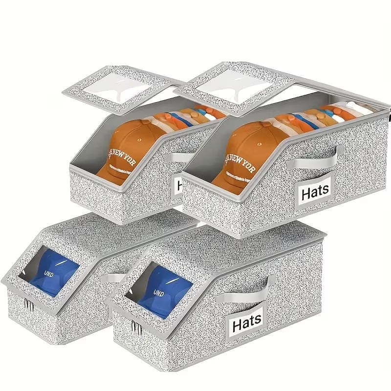 4 PCS Stackable Hat Storage for Baseball Caps Hat Storage Boxes for Closet Holds up to 12 Caps with Cardboard Hat Organizer for Women & Men (Grey) – Stackable Organization for Streamlined Everyday Routines