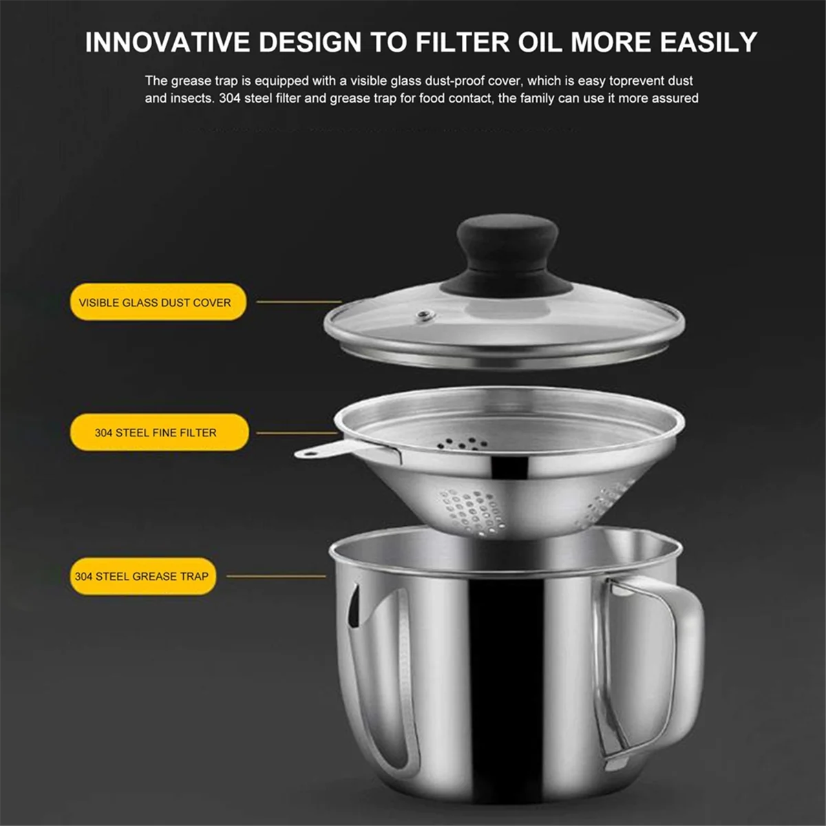 Stainless Steel Fat Separator 1L/4 Cup Gravy Grease with Strainer and Glass Lid Soup Oil Cup – Durable Stainless Steel Construction for Streamlined Everyday Routines