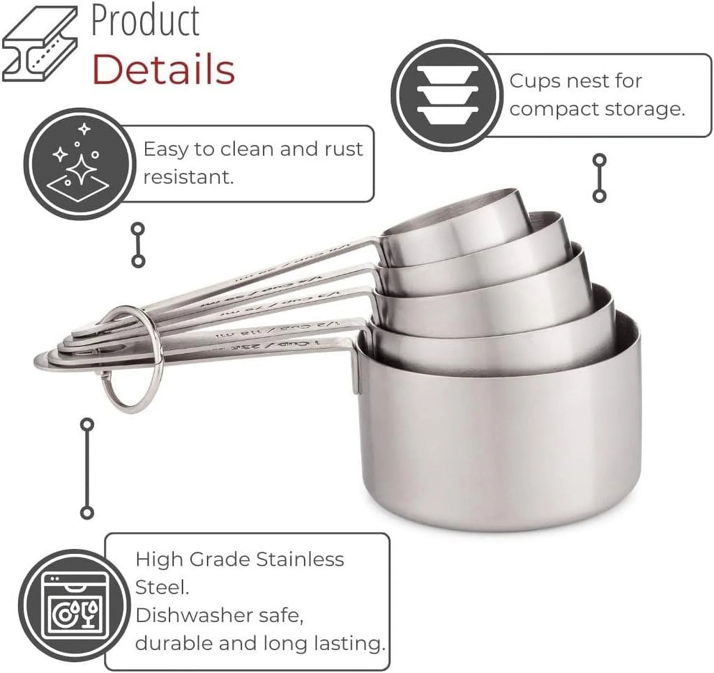 Stainless Steel Measuring Cups Heavy-Duty 5-Piece Set with Storage Ring – Kitchen Measuring Tools – Durable Stainless Steel Construction for Streamlined Everyday Routines