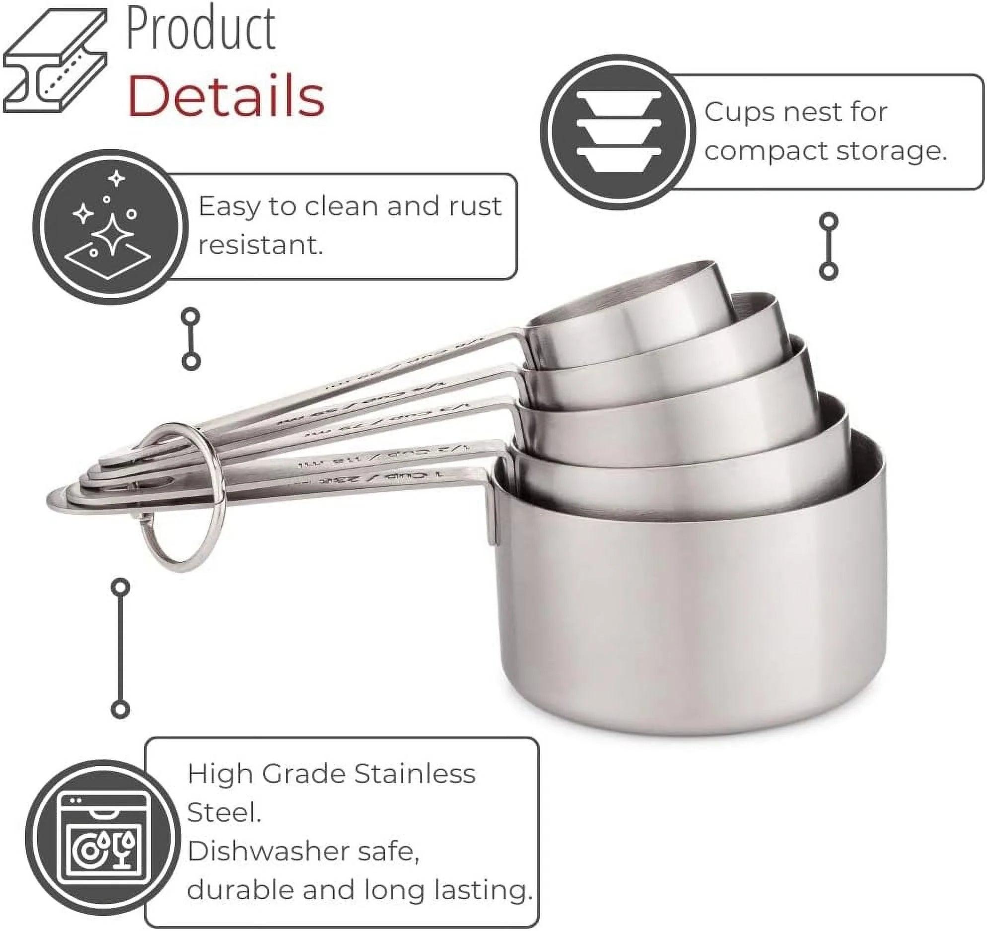 Stainless Steel Measuring Cups Heavy-Duty 5-Piece Set with Storage Ring – Kitchen Measuring Tools – Durable Stainless Steel Construction for Streamlined Everyday Routines