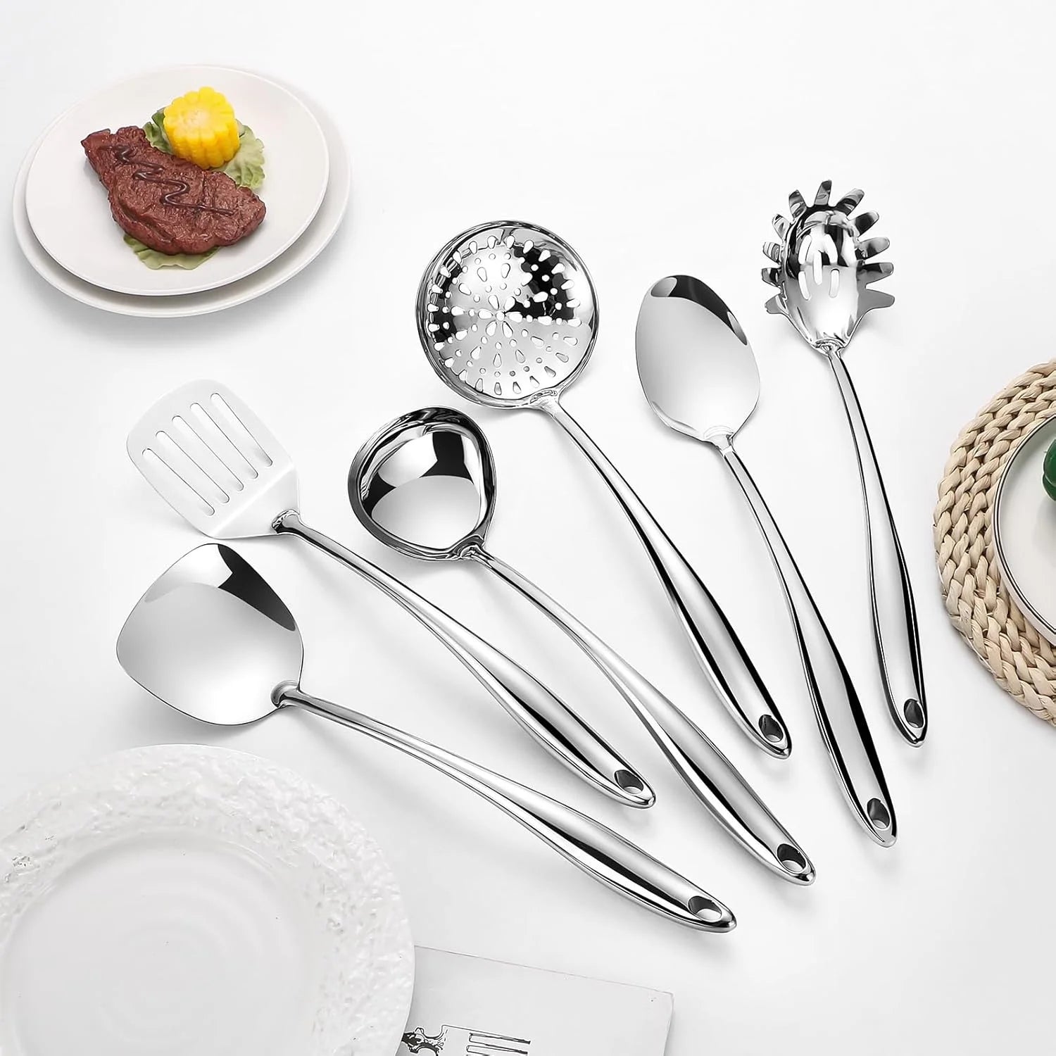 304 Stainless Steel Cooking Utensils Set,6 Pcs Long Metal Kitchen Utensils Set with Spatula Solid Spoon Ladle Skimmer Spaghetti Spoon,Dishwasher Suitable – Durable Stainless Steel Construction for Streamlined Everyday Routines