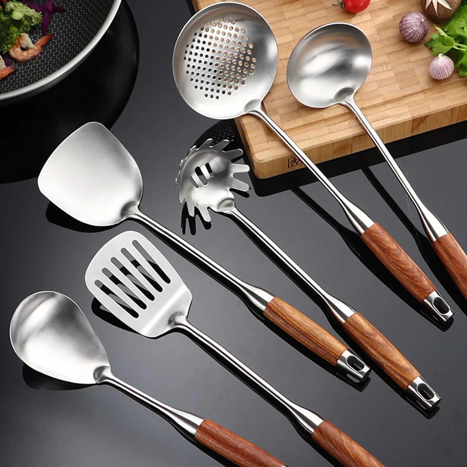 Cooking Utensils Set,7pcs 304 Stainless Steel Kitchen Utensils Set with Holder,Heat Resistant Wooden Handle Kitchen Tools – Convenient Carry Handles for Streamlined Everyday Routines