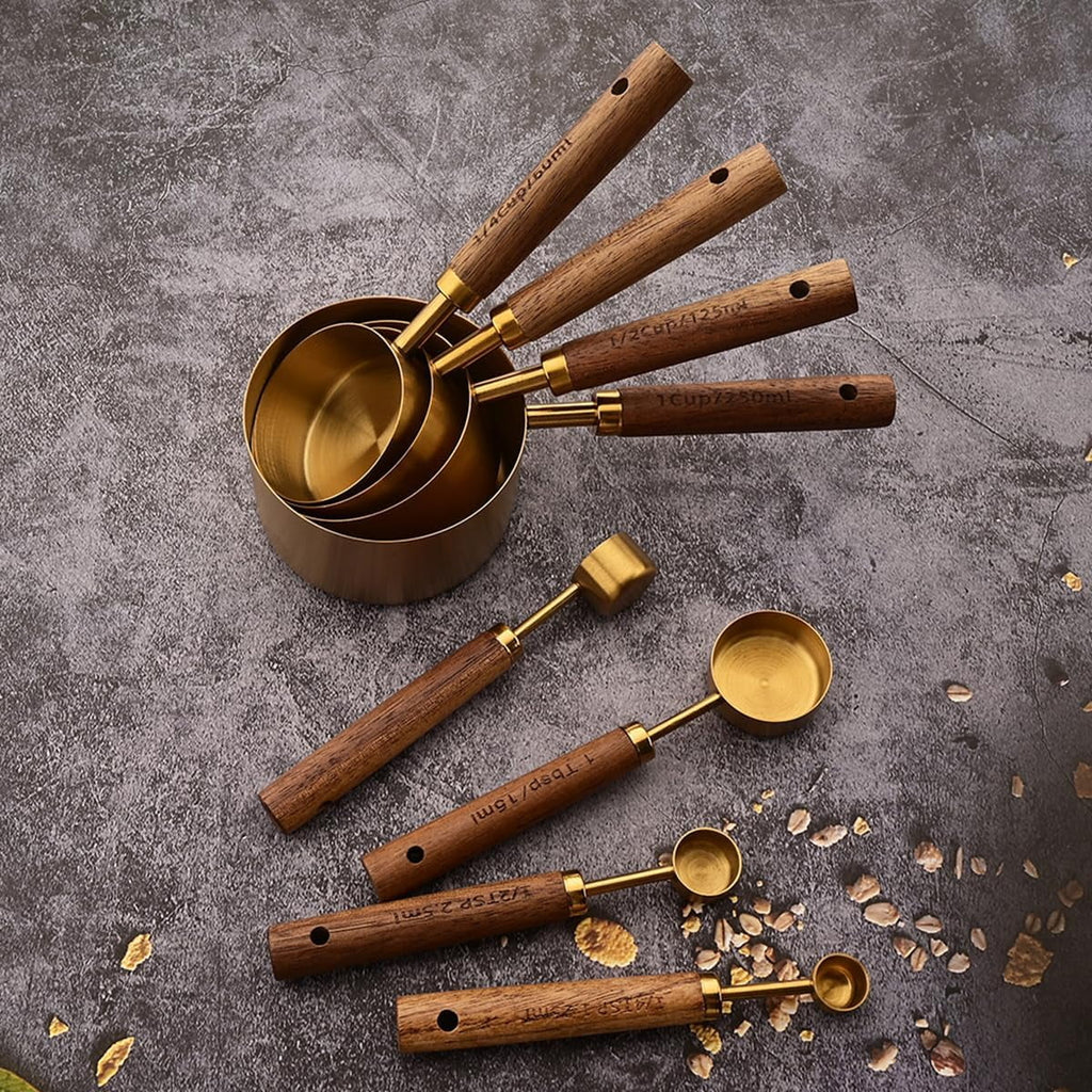 8 pieces Golden Measuring Cups Set and Measuring Spoons Set with Scale Wooden Handle Stainless Steel Dry & Liquid Measuring Cup for Cooking Baking – Convenient Carry Handles for Streamlined Everyday Routines